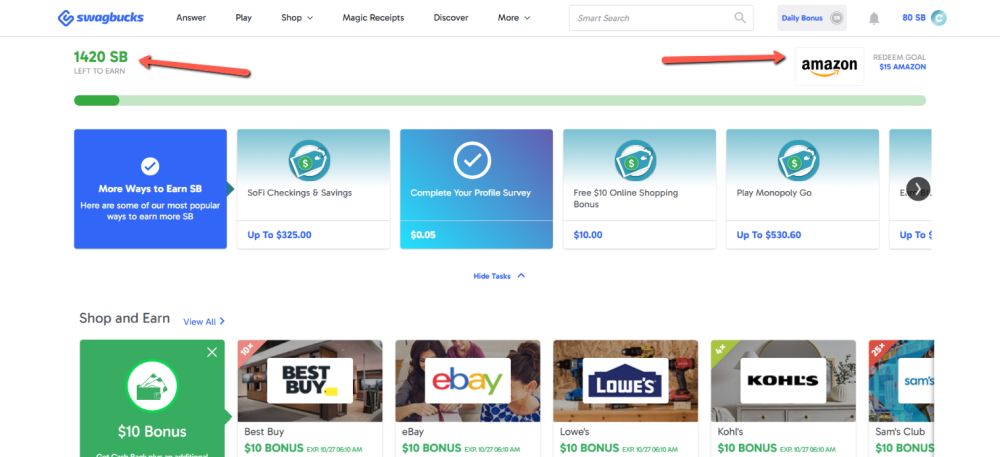 Swagbucks dashboard